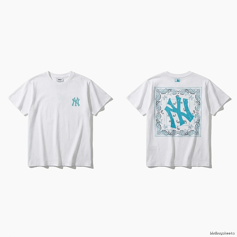 MLB retro-style white T-shirt with cashew flower pattern