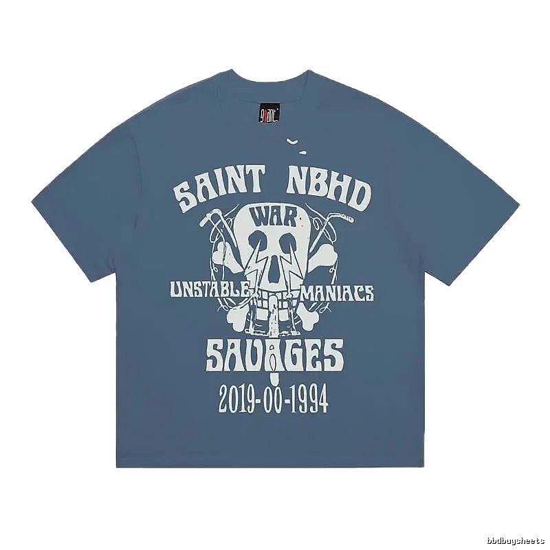 SAINT Skull Print Vintage Grey-Blue Short Sleeve T-Shirt
