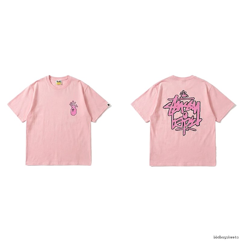 Bape Crown Print Trendy Cool Pink T-shirt