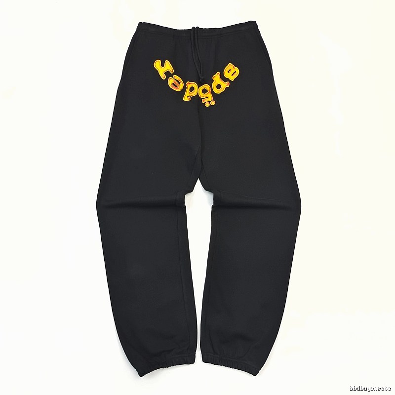 Bold Yellow Wordmark Graphics And Cuffed Hems Black Sp5der Logo Sweatpants