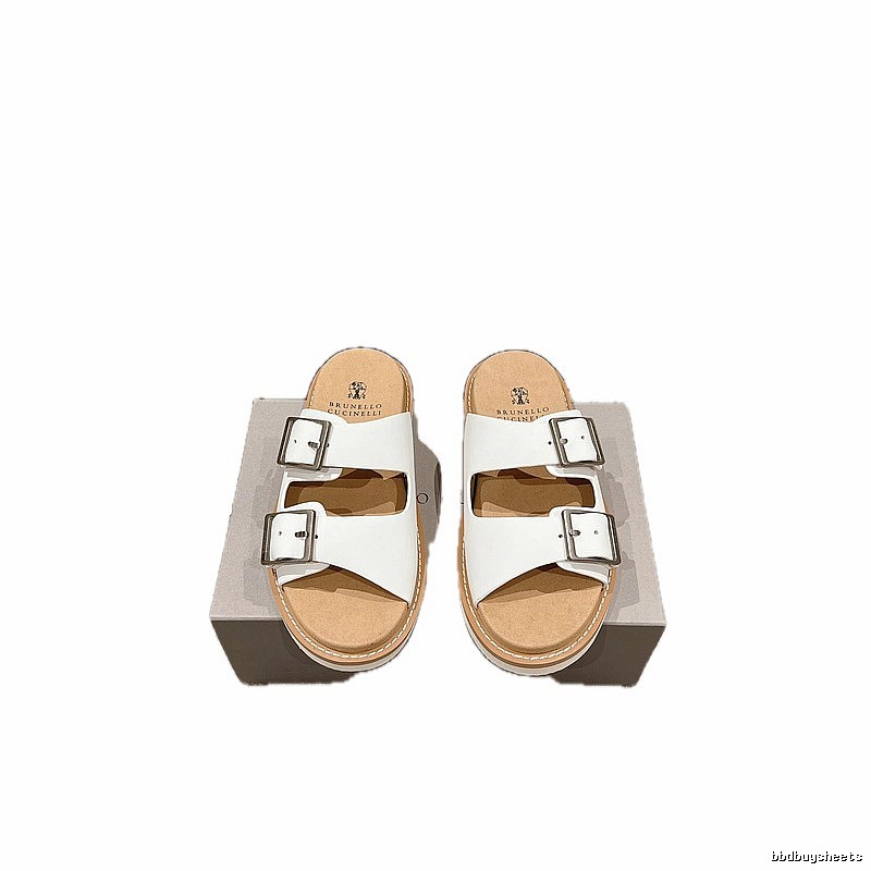 Brunello Cucinelli Double-Button Minimalist-Style White Slide Sandals