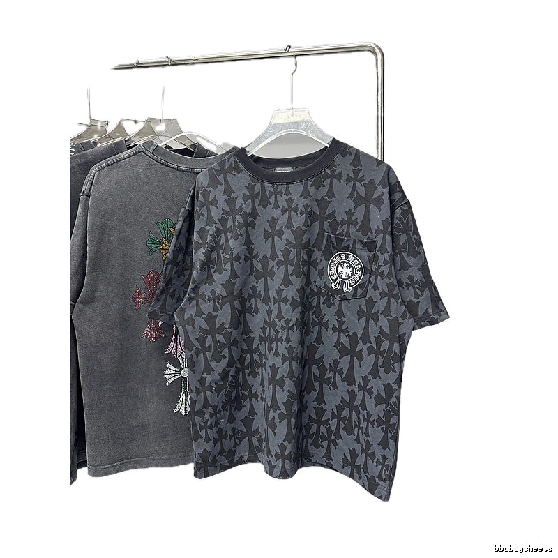 Chrome Hearts All-over Cross Print High Street Style Black and Gray T-Shirt
