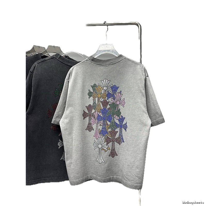 Chrome Hearts Cross Hot-Fix Rhinestone Street Style Light Grey T-Shirt