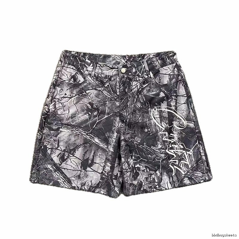 Corteiz Street Style Black and Grey Tree Grain Camouflage Shorts