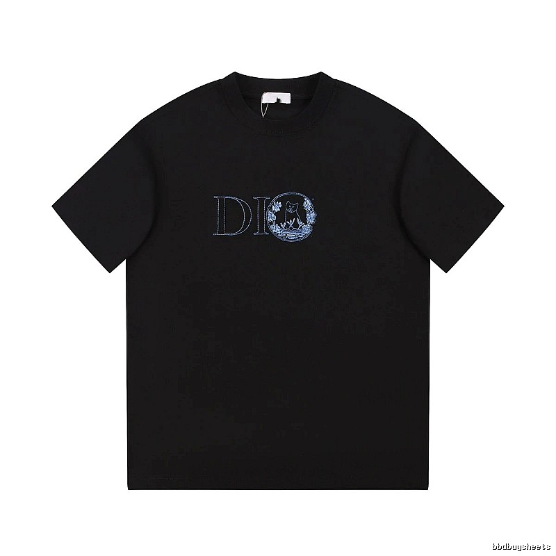 Dior Cat-Embroidered Casual Black T-Shirt