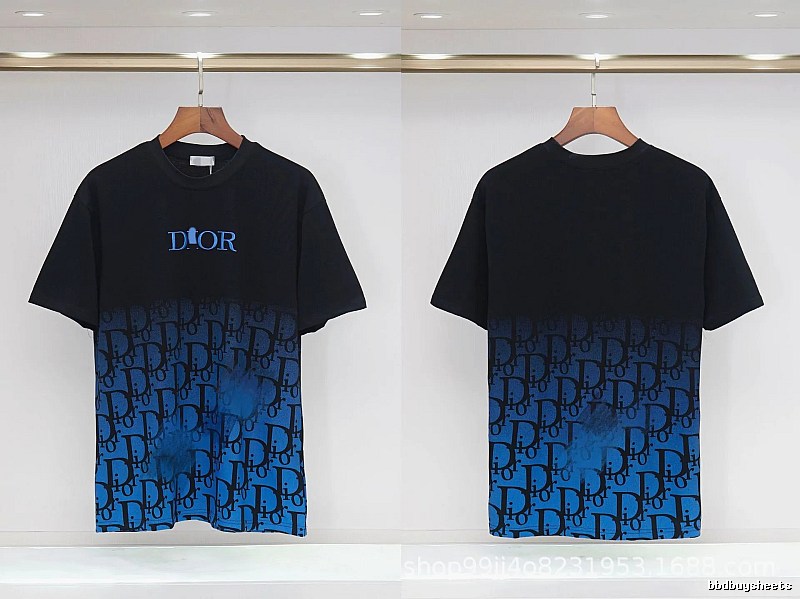 Dior Classic Monogram Trendy Style Black-Blue Gradient T-Shirt
