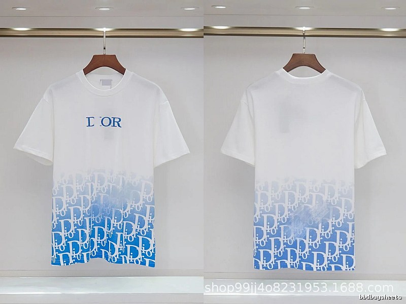 Dior Oblique Gradient Trendy Style Blue and White Short-sleeved T-shirt