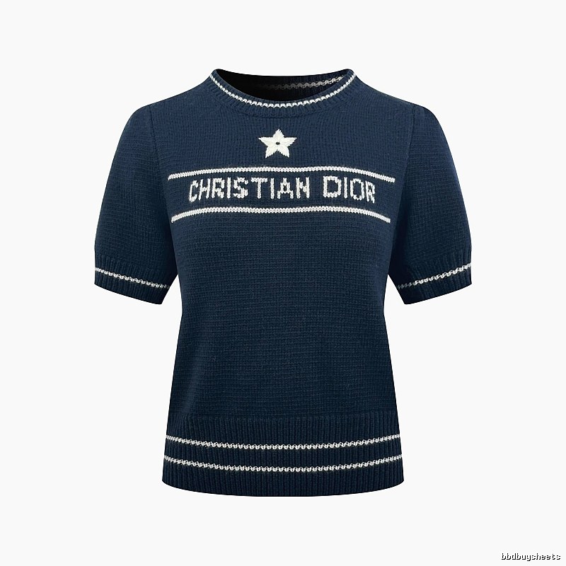 Dior Short Sleeve Knit Sweater with Cream Trim and Star Detail