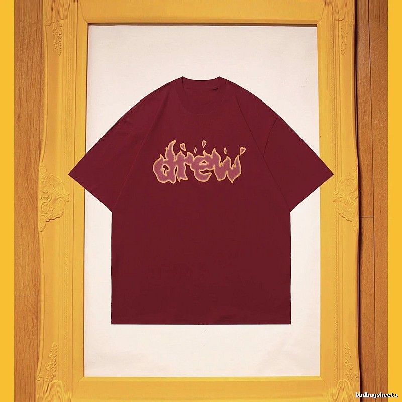 DREW Flame Heart Street Style Burgundy Short Sleeve T-Shirt