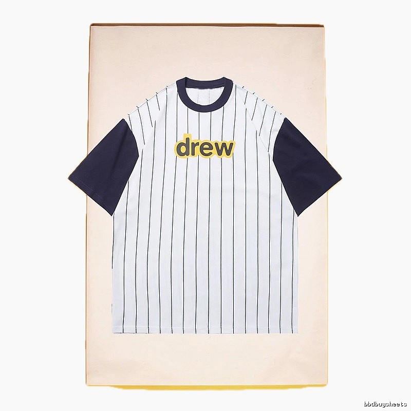 DREW Letter Print Street Style White and Navy Blue Short Sleeve T-Shirt