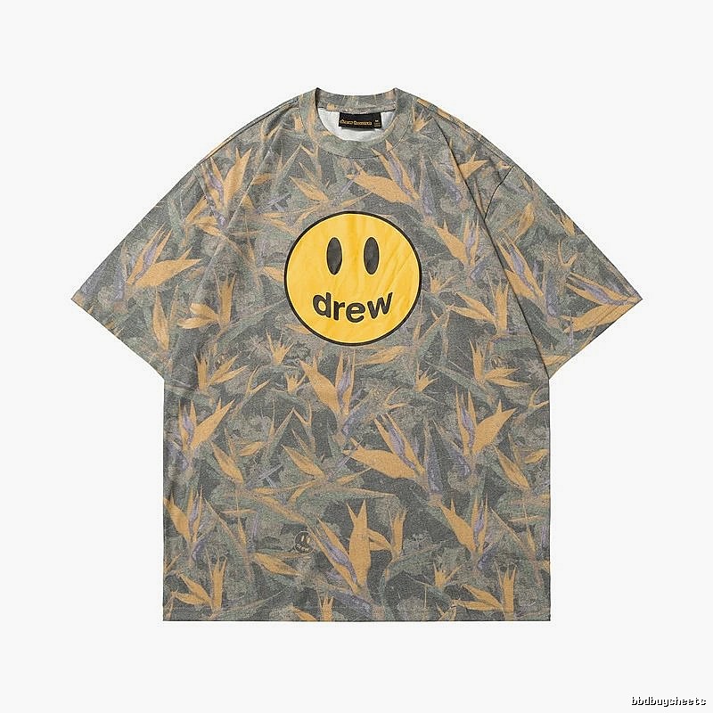 DREW Smiley All-over Print Street Style Grey and Yellow Short Sleeve T-Shirt