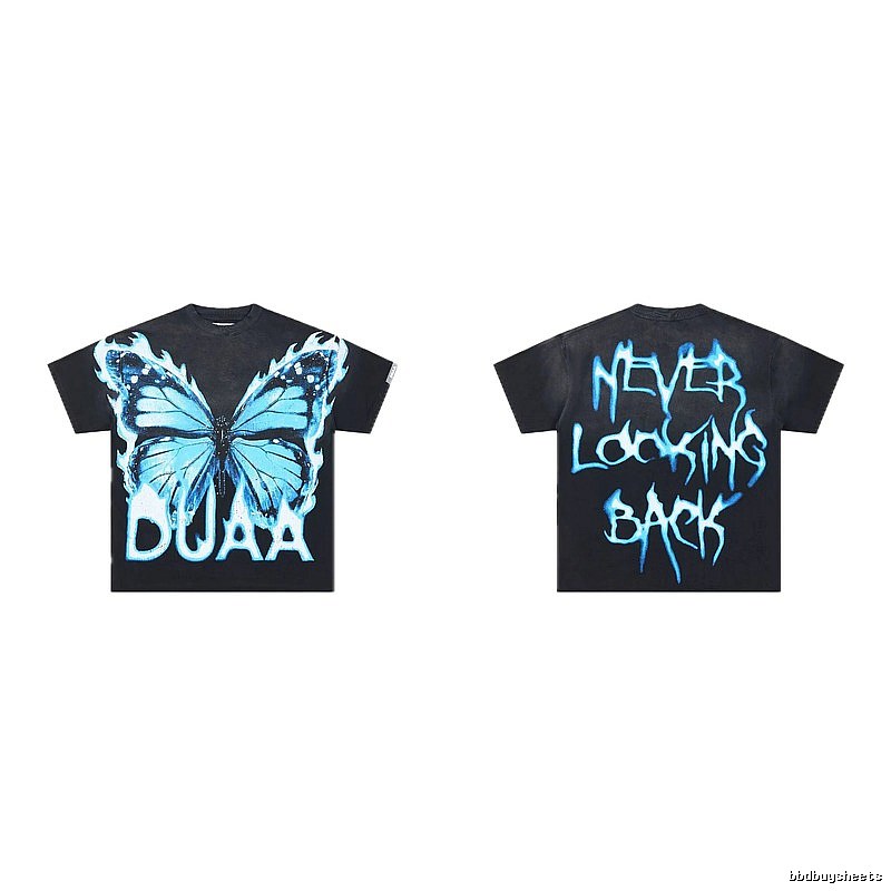 DUAA Butterfly Print Street Style Black and Blue Short-sleeved T-shirt