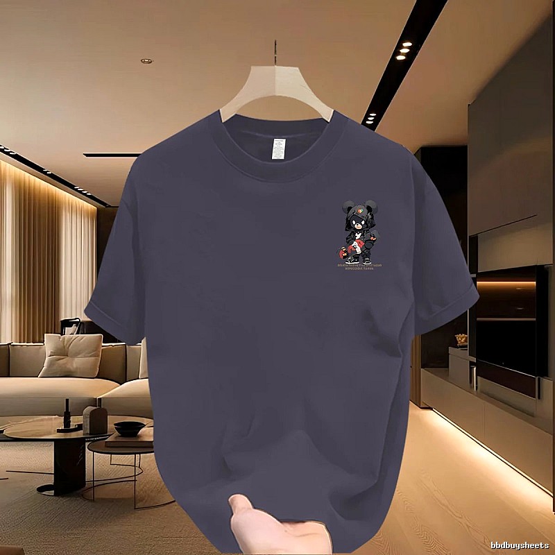 Gray-Blue Guochao Techwear Street Style T-Shirt with Bear Print