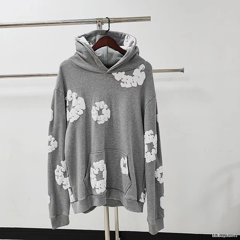 Grey White Floral Pullover Hoodie