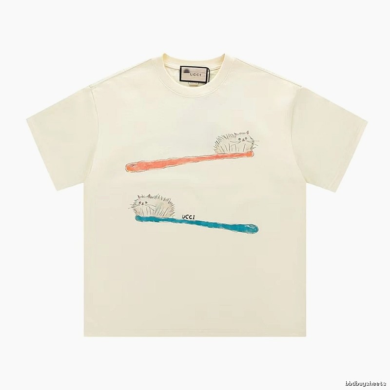 Gucci Hand-painted Cat Vintage Style Off-white T-shirt