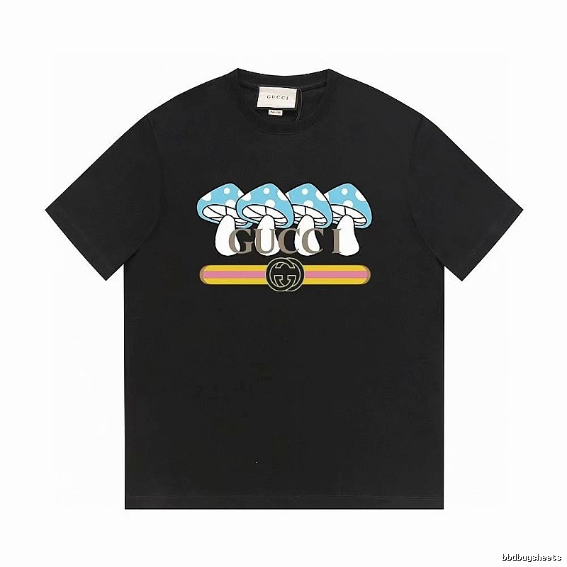 Gucci Mushroom Print Cool and Trendy Style Black Short-sleeve T-shirt