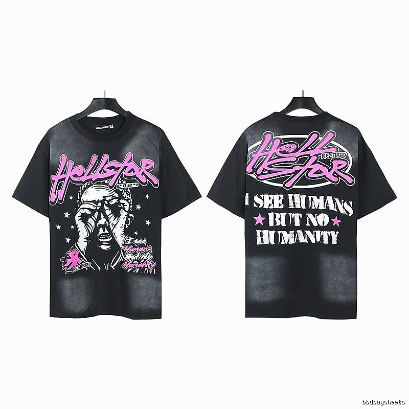 Hellstar Portrait Print Street Style Black and Pink Short-sleeve T-shirt