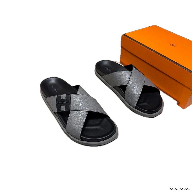 Hermès Classic Cross-strap Minimalist Grey and Black Slide Sandals