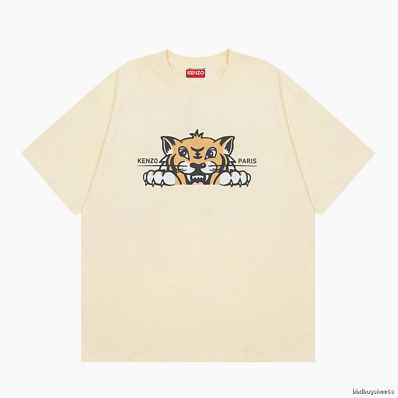 KENZO Tiger Head Print Streetwear Style Beige Short Sleeve T-Shirt
