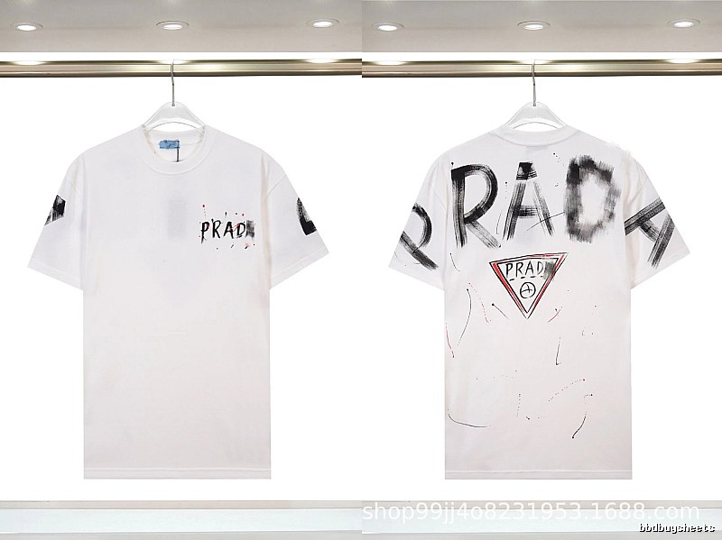 Prada Triangle Logo Graffiti Street Style White Short-sleeve T-shirt