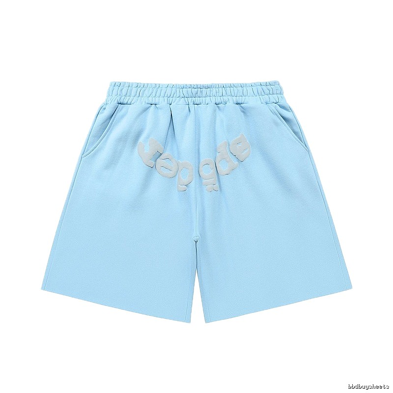 Sp5der letter-style light blue shorts