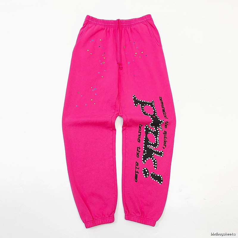 Sp5der Logo Sweatpants in Hot Pink - black vertical branding and cuffed ankles