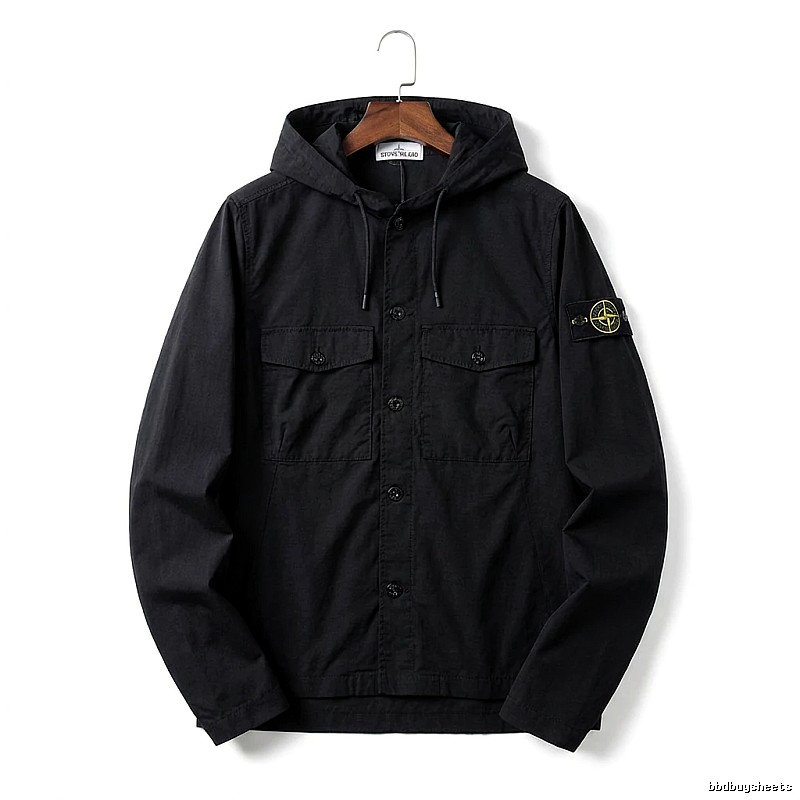 Stone Island Workwear Style Black Hooded Coat
