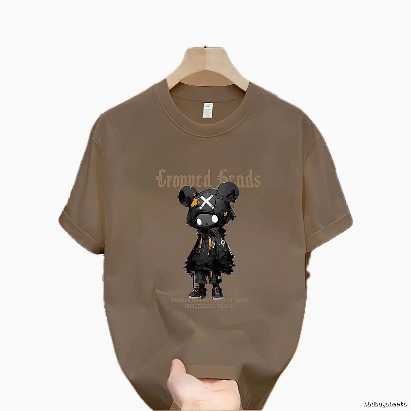 Streetwear Street Style Violent Bear Print Khaki Short-sleeve T-shirt