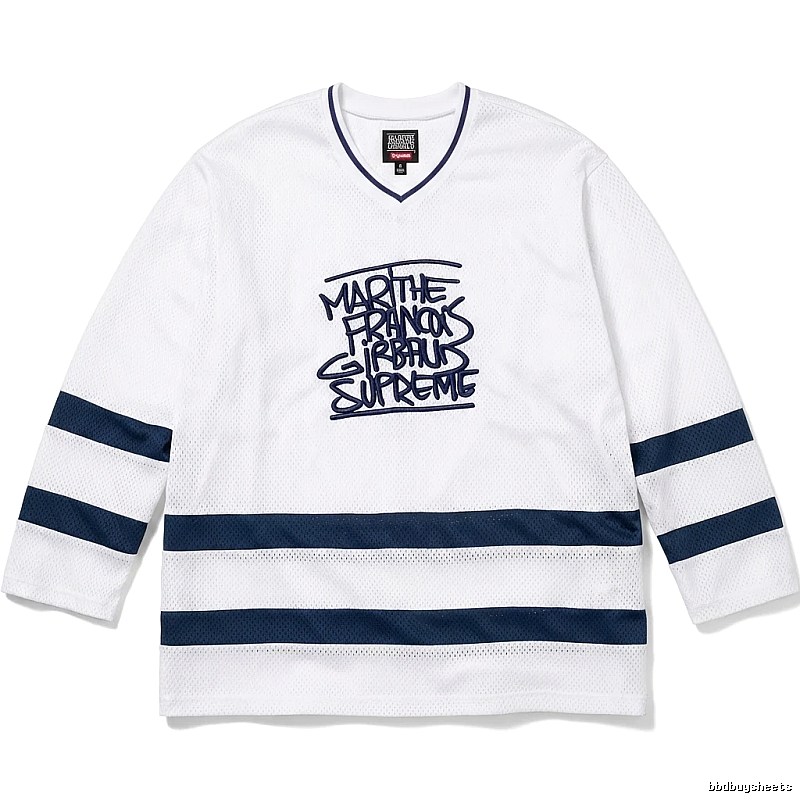 Supreme graffiti-style white and blue jersey