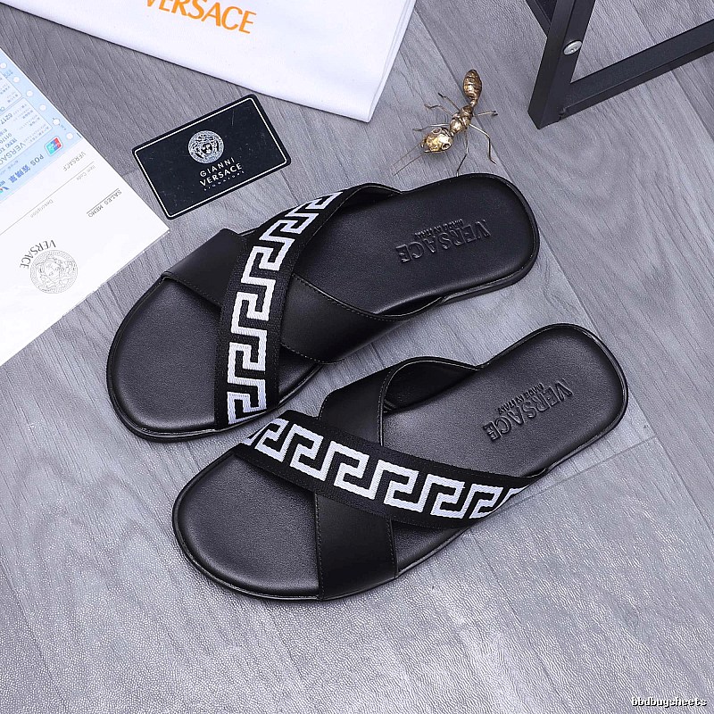 Versace Greek Key Casual Style Black Slide Sandals